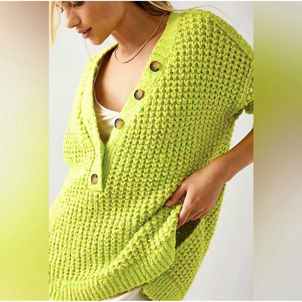 Free People L Whistle Thermal Sweater Lime Green Henley Slouchy Waffle Knit Boho